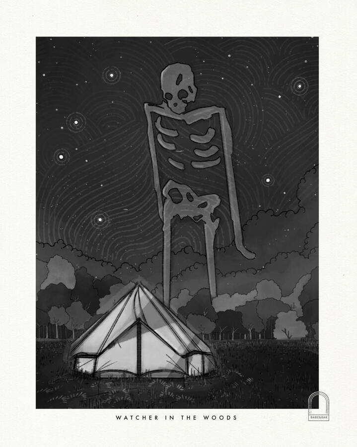 Watcher in The Woods - Black and white ink illustration of a giant skeleton looking over a campground. In the middle is a giant slightly see through skeleton leaning over a small pop tent in a field of grass. Behind is a a stylized forest of 3 rows of tree