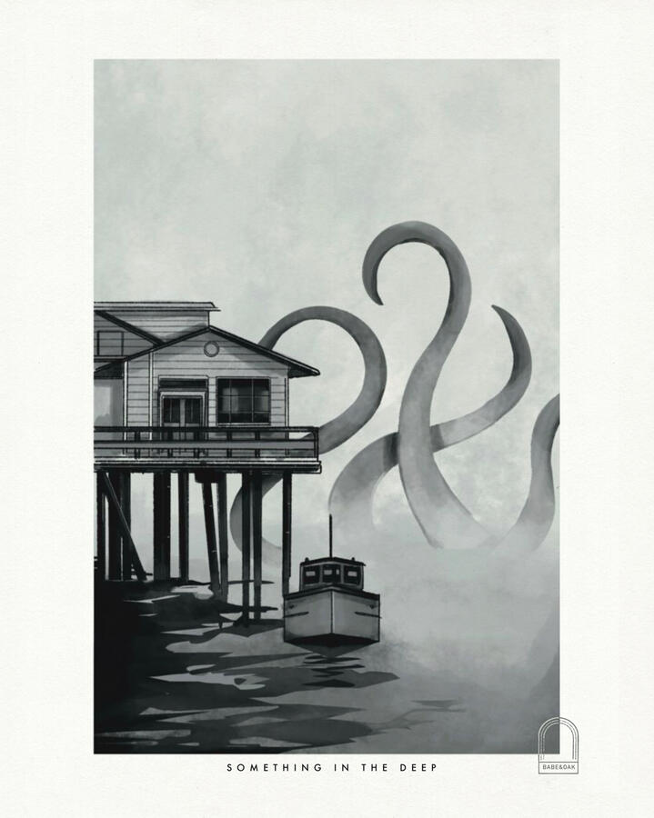 Something in The Deep - Black and white ink illustration of a gigantic eldritch inspired underwater creature near a pier. There is a small dock to the left with a building on a pier above the water. In the middle below is a small fishing boat with dark rip
