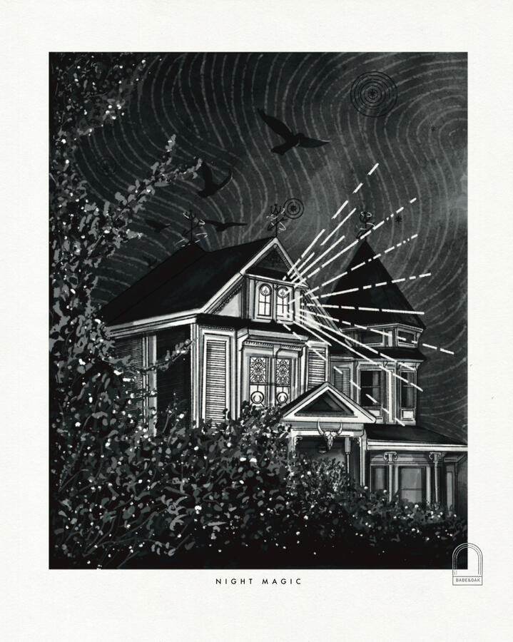 Night Magic - Black and white ink illustration of a magic filled Victorian house with an ominous surrounding. a shrub framing the left side and bottom of the page. In the middle is a Victorian revival house with a spire to the right and a porch. Over the p