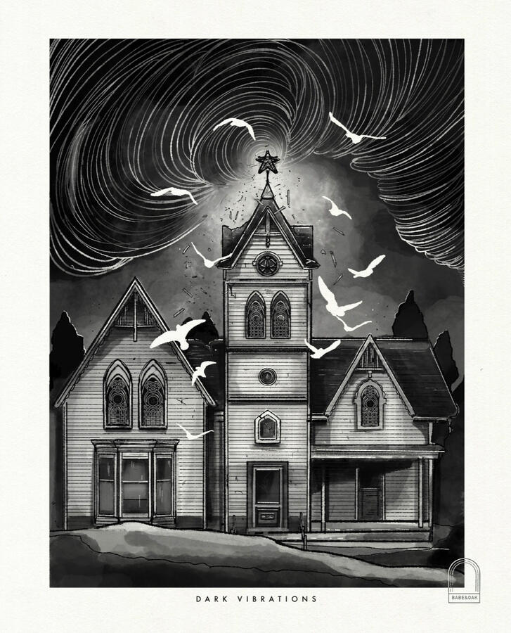 Dark Vibrations - Inktober 2022 black and white ink illustration. Plain rolling hills lead to the door of a building with a large central spire and a small covered porch. To the left side of the building is a three facet bay windows and the other windows